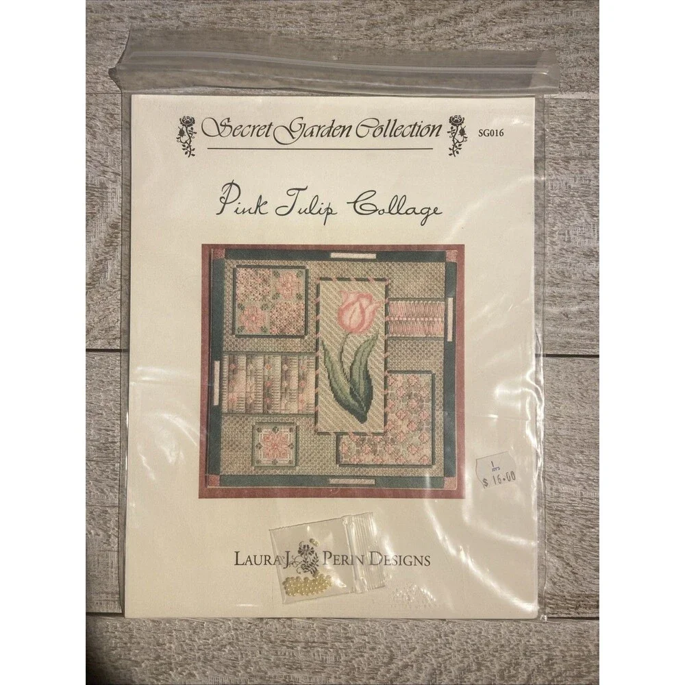 Laura J Perin Design Pink Tulip Collage Needlepoint Pattern With Beads